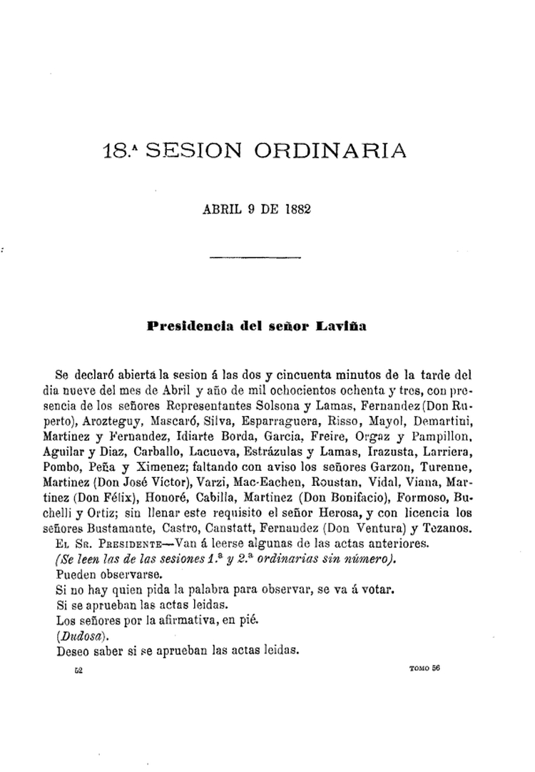 DIARIO DE SESIONES DE LA CAMARA DE REPRESENTANTES del 09/04/1882